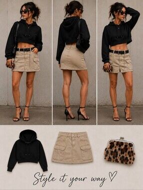 3-PIECE OUTFIT BUNDLE — DEREK HEART BLK HOODED TOP + CARGO SKIRT + LEOPARD PURSE